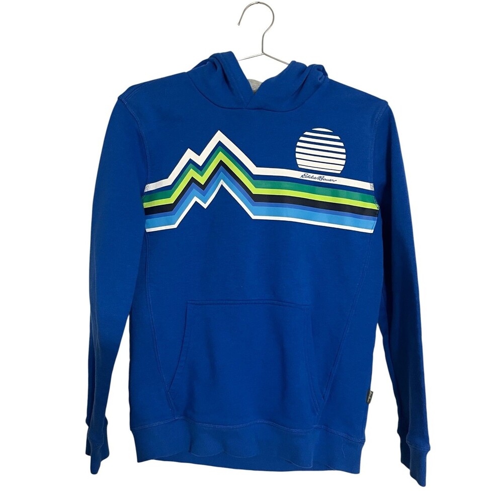 Eddie Bauer Blue Graphic Mountain Sun Pullover Hoodie Kids L (14/16) Vintage.
